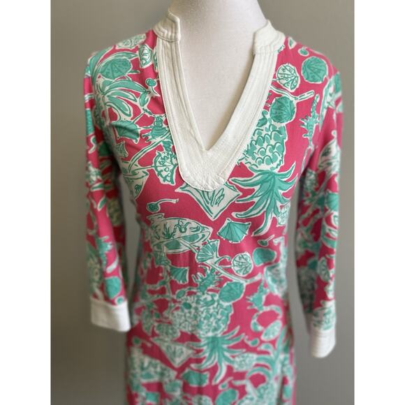 Lilly Pulitzer shift Midi dress Hawaiian Pink Green Floral V Neck 3/4 Resort XS - Picture 3 of 11